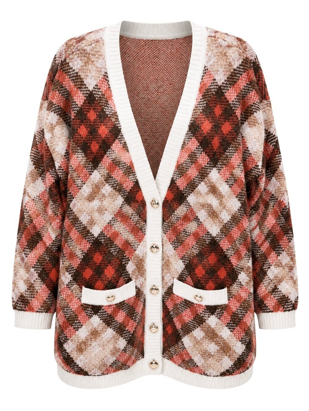 Talbots Classic Plaid Cardigan Sweater - Brown Orange Cream Fluffy Sz 1X Autumn